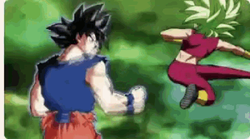 a cartoon of goku and kale fighting each other