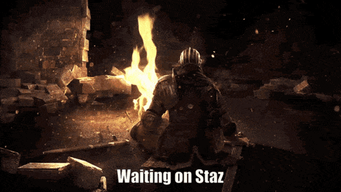 a poster of a man sitting in front of a fire with the words waiting on staz below him