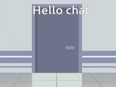 a cartoon character says hello chat while standing in an open doorway