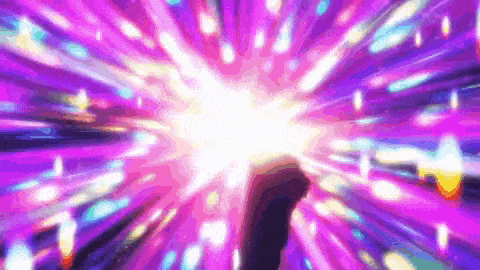 a person 's fist is being held up in front of a purple background with a lot of lights coming out of it
