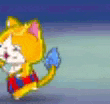 a pixel art of a yellow cat with a blue tail