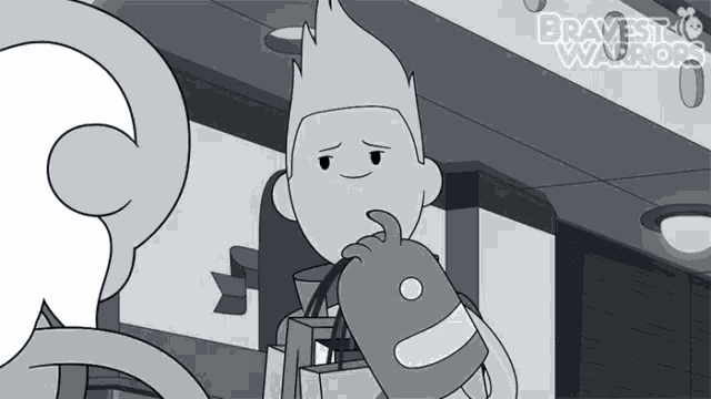 a black and white drawing of a boy with the words bravest warriors in the corner