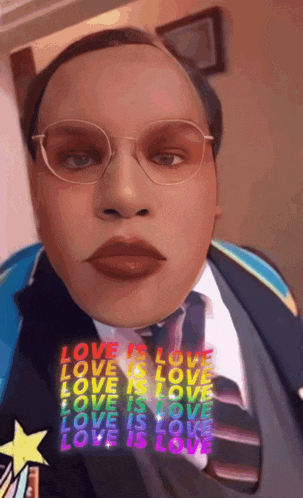 a man wearing glasses and a tie has the words love is love written on his face