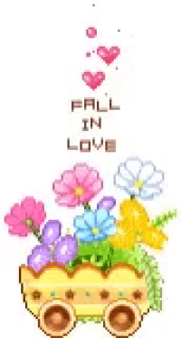 a pixel art of flowers in a pot with the words `` fall in love '' written above it .
