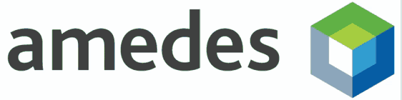 a logo for amedes shows a blue and green cube