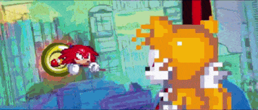 a pixel art drawing of knuckles and tails fighting each other