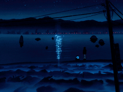 a painting of a person standing in the water at night with a light coming out of the water