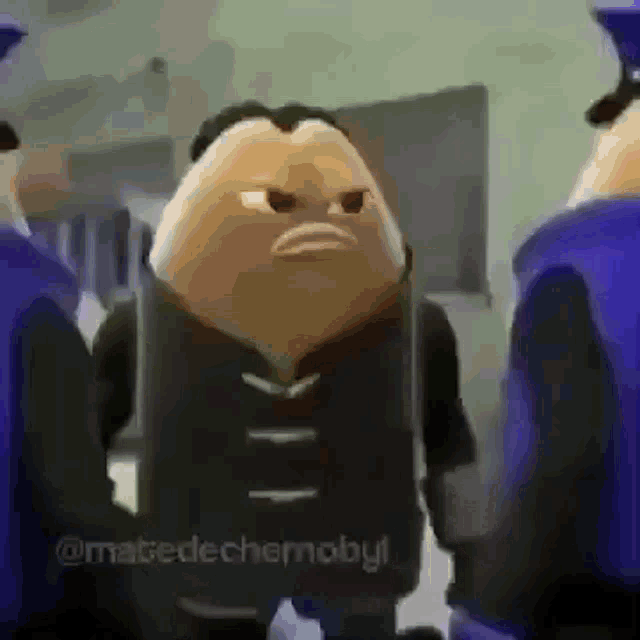 a cartoon character is standing in front of a group of police officers and making a funny face .