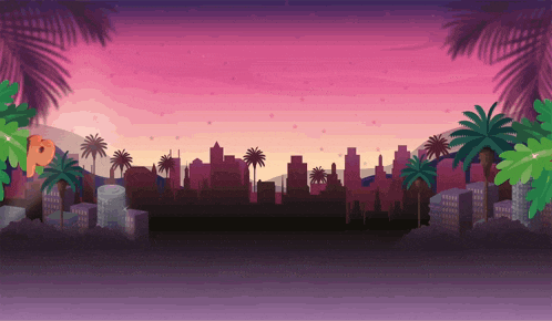 a cityscape with palm trees in the foreground and buildings in the background
