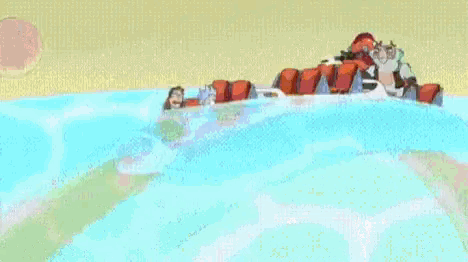 a cartoon of a man standing in the water holding a rock .