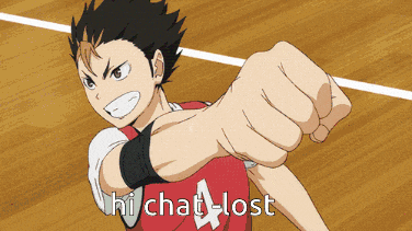 a volleyball player is pointing his fist at the camera with the words " hi chat lost " below him