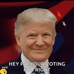 donald trump is smiling and saying `` hey pat , your voting for right '' while wearing a suit and tie .
