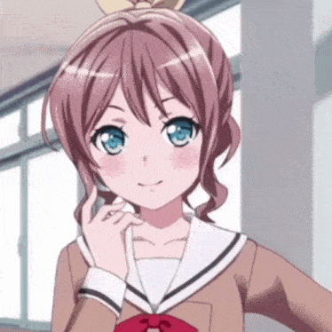 a girl with pink hair and blue eyes is wearing a brown school uniform