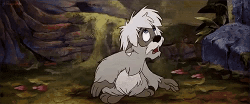 a cartoon dog with white hair is sitting in the woods .