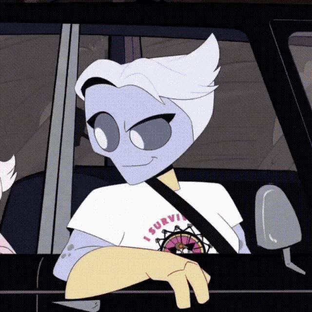a cartoon character is sitting in a car wearing a shirt that says i survive .