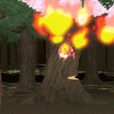 a cartoon of a girl in a tree with fire coming out of it