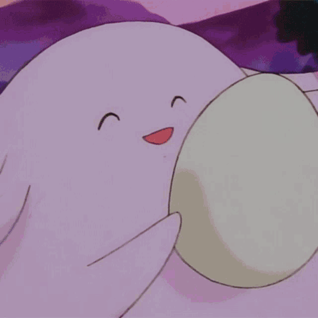 a pink cartoon character is holding a white egg in its mouth