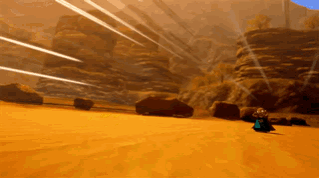 a video game character is walking through a desert with mountains in the background