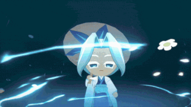 a cartoon character with blue hair and a umbrella
