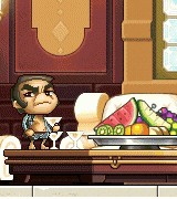 a cartoon character is sitting at a table with a tray of fruit on it