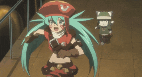 a girl with green hair and a red hat with a u on it is standing next to a cat