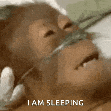 a close up of a monkey wearing an oxygen mask with the words i am sleeping below it