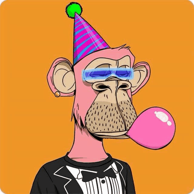 a monkey wearing a party hat , sunglasses , and a tuxedo is blowing a pink bubble .