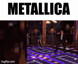 a man in a suit is dancing on a dance floor with the word metallica on the top