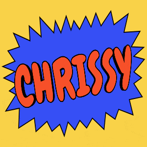 the word chrissy is written in blue on a yellow and pink background