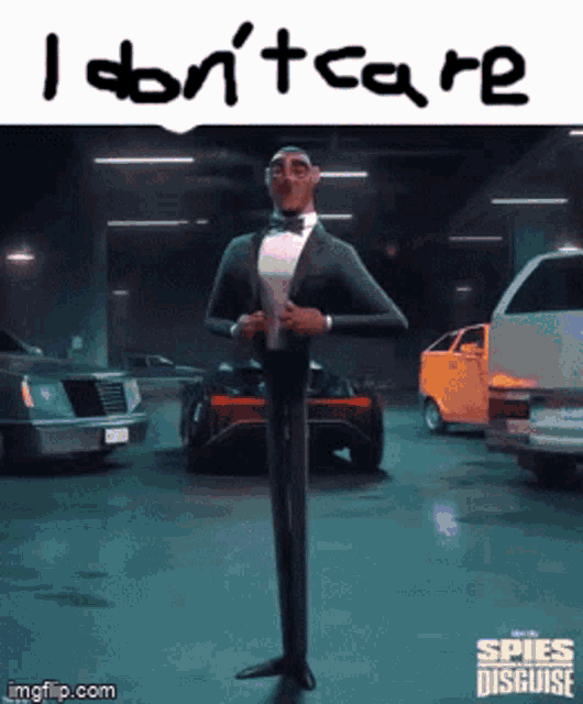a man in a tuxedo is standing in a parking garage with cars and says " i dont care "