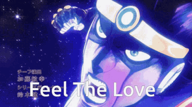 a cartoon character with the words " feel the love " written below him
