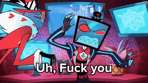 a cartoon character says uh fuck you in front of a computer screen