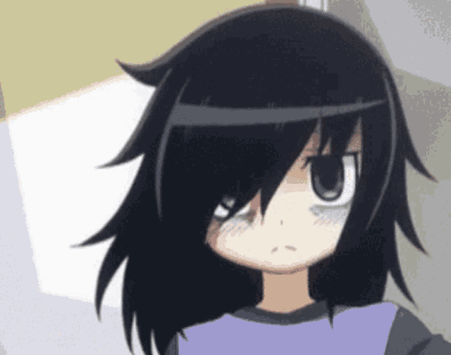 a girl with long black hair and green eyes is wearing a purple shirt .