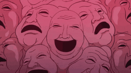 a cartoon of a man with a mustache is surrounded by pink faces