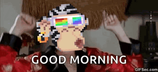 a pixel art of a man wearing rainbow glasses with the words " good morning " below him