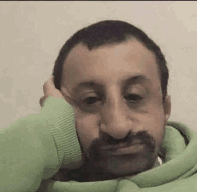 a man with a beard is wearing a green hoodie and holding his hand to his face .