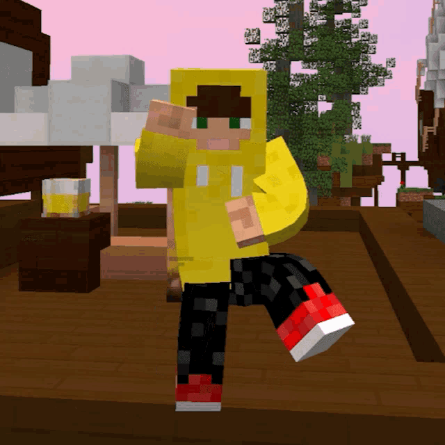 a minecraft character is wearing a yellow hoodie with the letter i on it