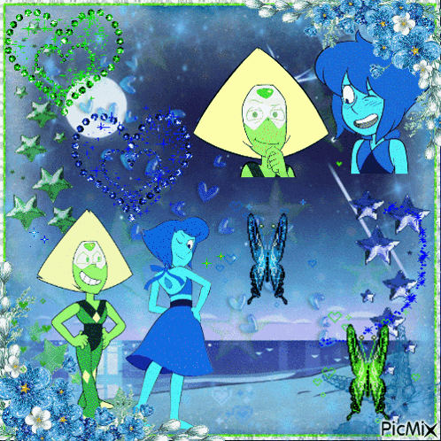 a picture of peridot and lapis from steven universe surrounded by butterflies and flowers