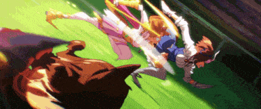 a girl in a pink dress is being kicked by another girl