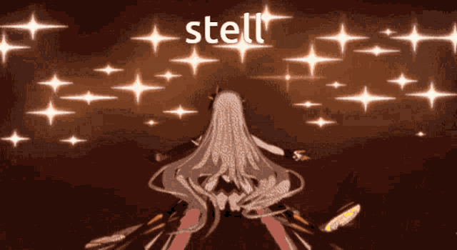 a girl with long white hair is surrounded by stars and the words stell