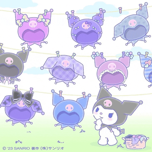 a cartoon of kuromi with clothes hanging on a clothesline