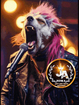 a dog with pink hair singing into a microphone with the logo for jomal just one music alliance