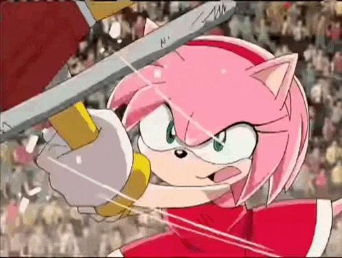 amy rose from sonic the hedgehog is holding a sword in her hand .