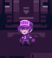 a cartoon character wearing a purple hat and gloves is standing in front of a purple background .
