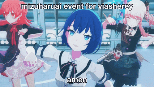 three anime girls are dancing in front of a sign that says mizuharuai event for viasheery amen