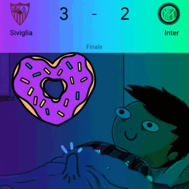 a cartoon of a man laying in bed with a donut in the shape of a heart with the number 3 on it