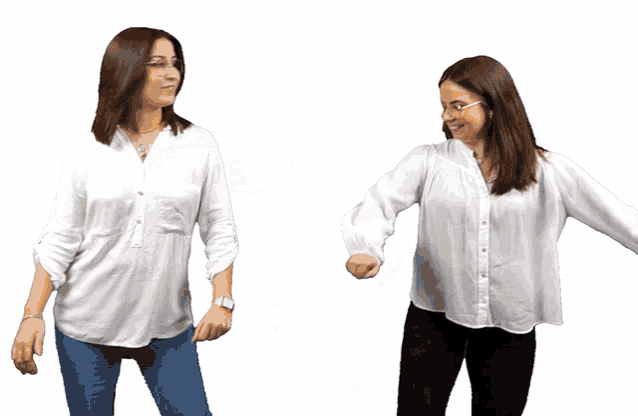 two women are dancing in front of a white background with the word yeah on it