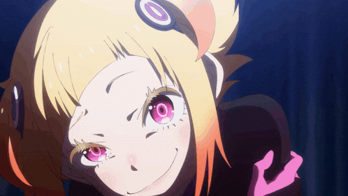 a girl with blonde hair and pink eyes has a circle in her hair