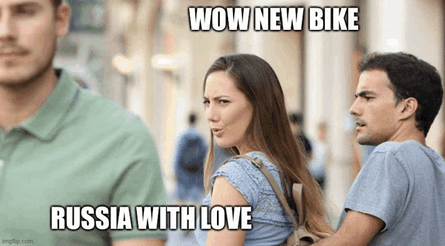 a woman is looking at a man with the caption wow new bike