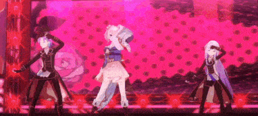three anime characters are dancing on a stage with a pink background .